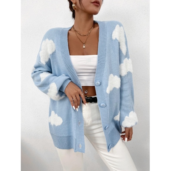 Blue Knit Cardigan White Fuzzy Cloud Textured Pattern Button Up - Picture 4 of 7